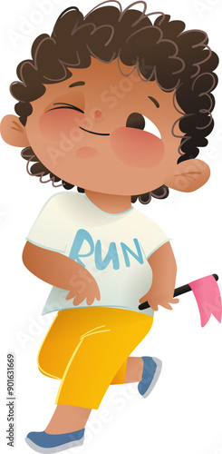 Cute African American sportive boy running at relay race. Happy joyful kindergarten baby boy runner. Elementary sport kids vector illustration for children, colorful hand drawn cartoon.