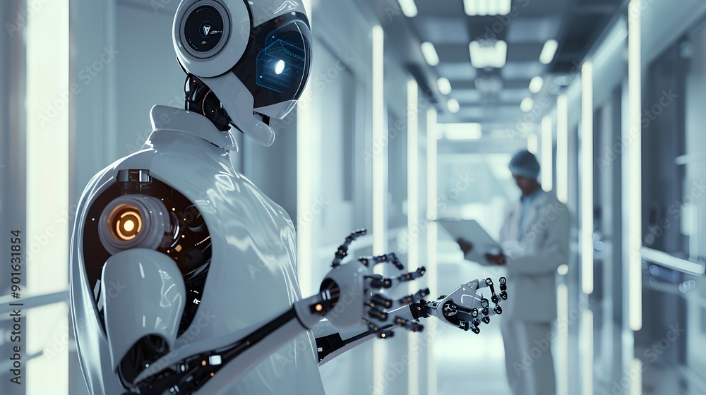 Fototapeta premium Healthcare Robot: A robot assisting a doctor with patient care in a futuristic hospital, monitoring vitals and administering treatment. 