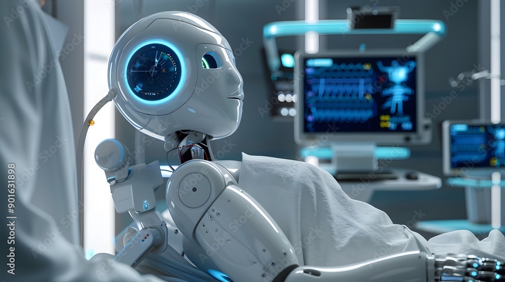 Healthcare Robot: A robot assisting a doctor with patient care in a futuristic hospital, monitoring vitals and administering treatment.
Healthcare Robot: A robot assisting a doctor with patient care in a futuristic hospital, monitoring vitals and administering treatment.