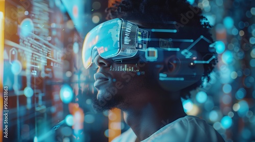 A business man putting on smart glasses, close up shot, futuristic office background, hyperrealistic