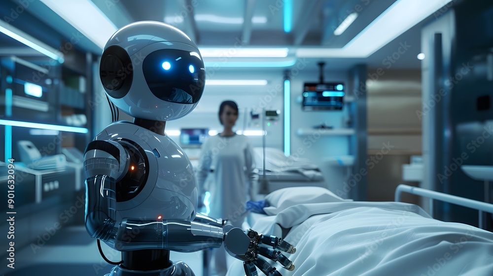 Healthcare Robot: A robot assisting a doctor with patient care in a futuristic hospital, monitoring vitals and administering treatment.
Healthcare Robot: A robot assisting a doctor with patient care in a futuristic hospital, monitoring vitals and administering treatment.
