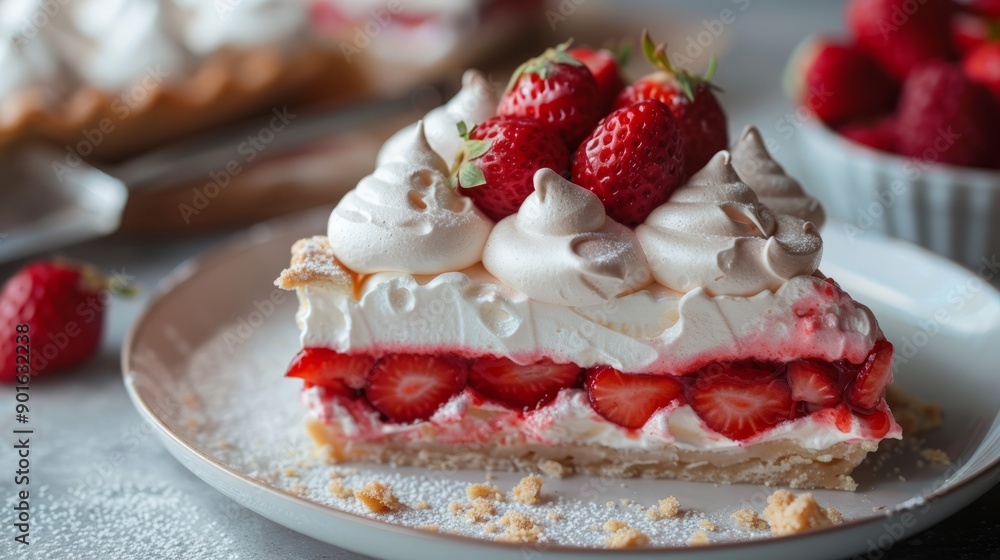 STRAWBERRY MERINGUE PIE SLICE with copy space STRAWBERRY MERINGUE PIE SLICE with copy space