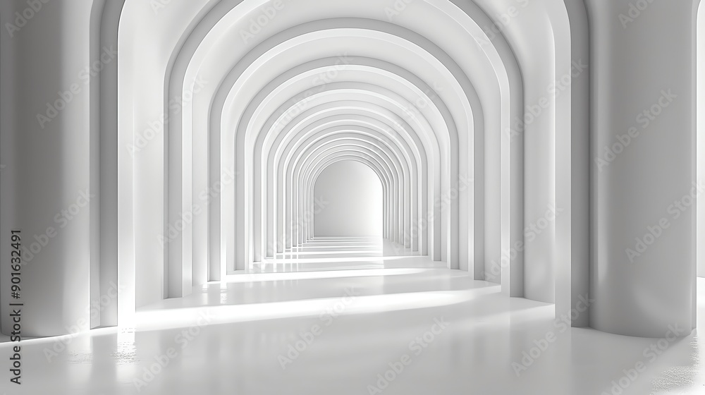 A serene white corridor with archways creates a minimalist and tranquil atmosphere, ideal for modern architectural concepts. A serene white corridor with archways creates a minimalist and tranquil atmosphere, ideal for modern architectural concepts.