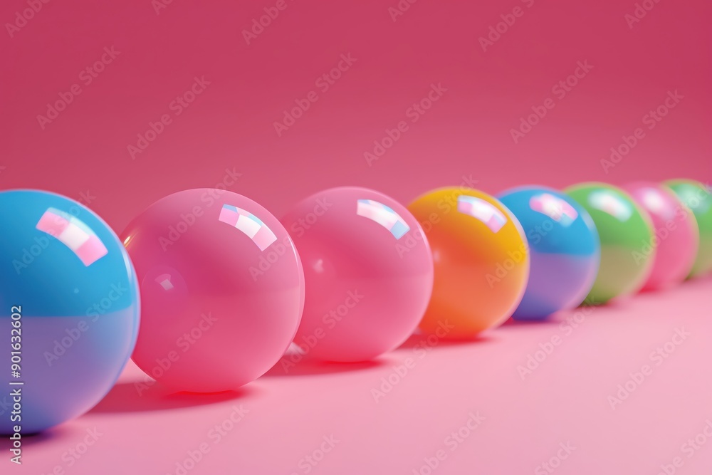 A vibrant row of colorful balls on a soft pink background, perfect for playful and cheerful designs. A vibrant row of colorful balls on a soft pink background, perfect for playful and cheerful designs.