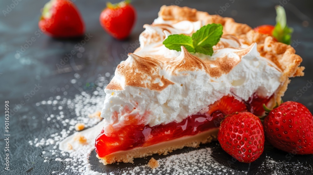 STRAWBERRY MERINGUE PIE SLICE with copy space STRAWBERRY MERINGUE PIE SLICE with copy space