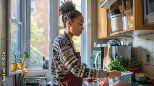 College Student Unpacking Kitchen Supplies in Dorm Room Kitchenette - Realistic Lifestyle Image