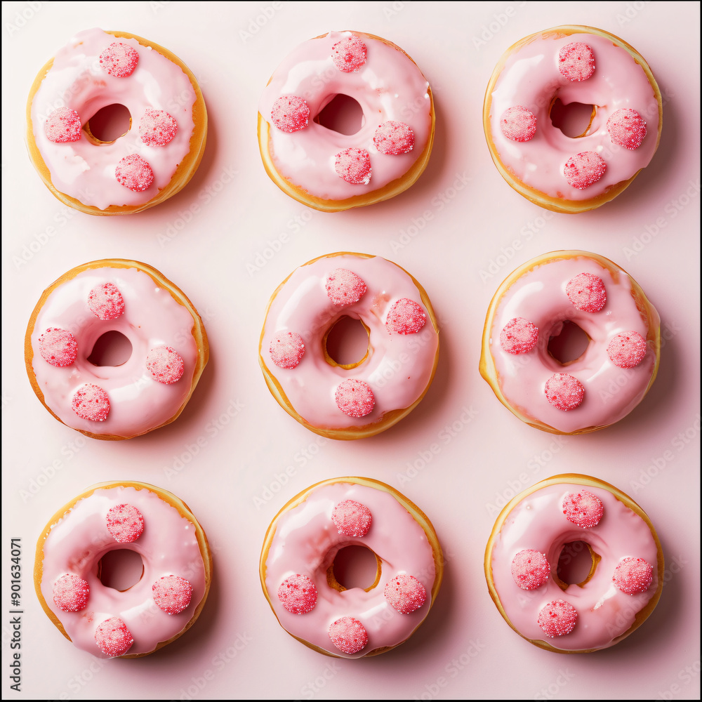 Fototapeta premium Pink donuts seamless pattern on a pink background. Design concept banner of romantic, sweet life, cafe