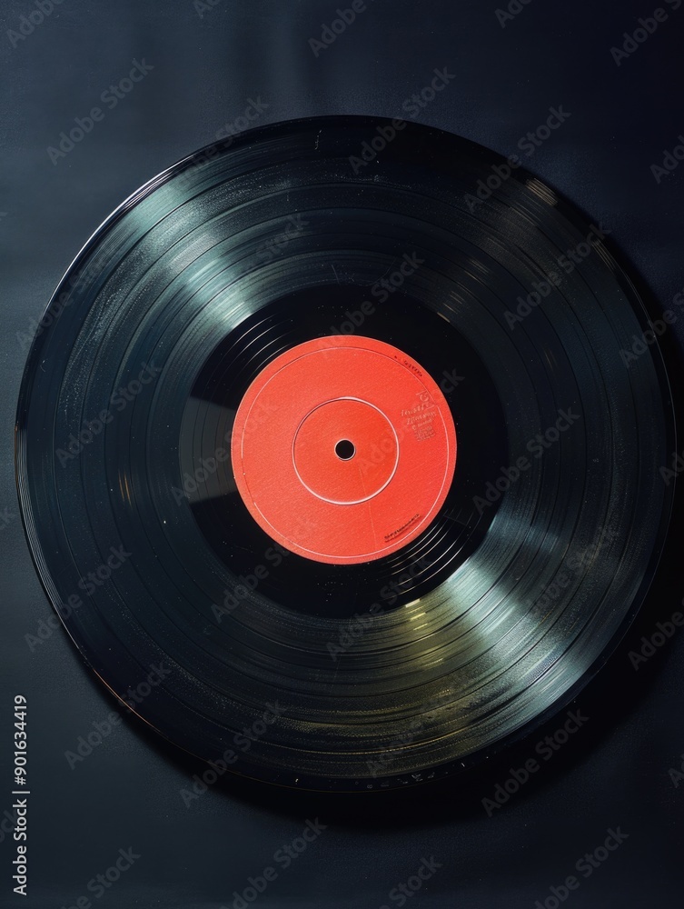 A black record with a red circle in the middle. The record is old and worn A black record with a red circle in the middle. The record is old and worn