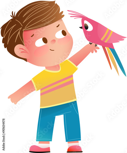 Cute little boy and his friend parrot bird. Colorful kindergarten kids and animal friends character illustration. Child Vector graphic illustration for children, hand drawn modern cartoon.