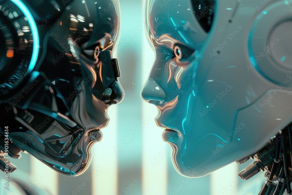Two robots with blue faces are facing each other. The robots are made of metal and have a futuristic appearance. The scene is set in a room with a white background Two robots with blue faces are facing each other. The robots are made of metal and have a futuristic appearance. The scene is set in a room with a white background