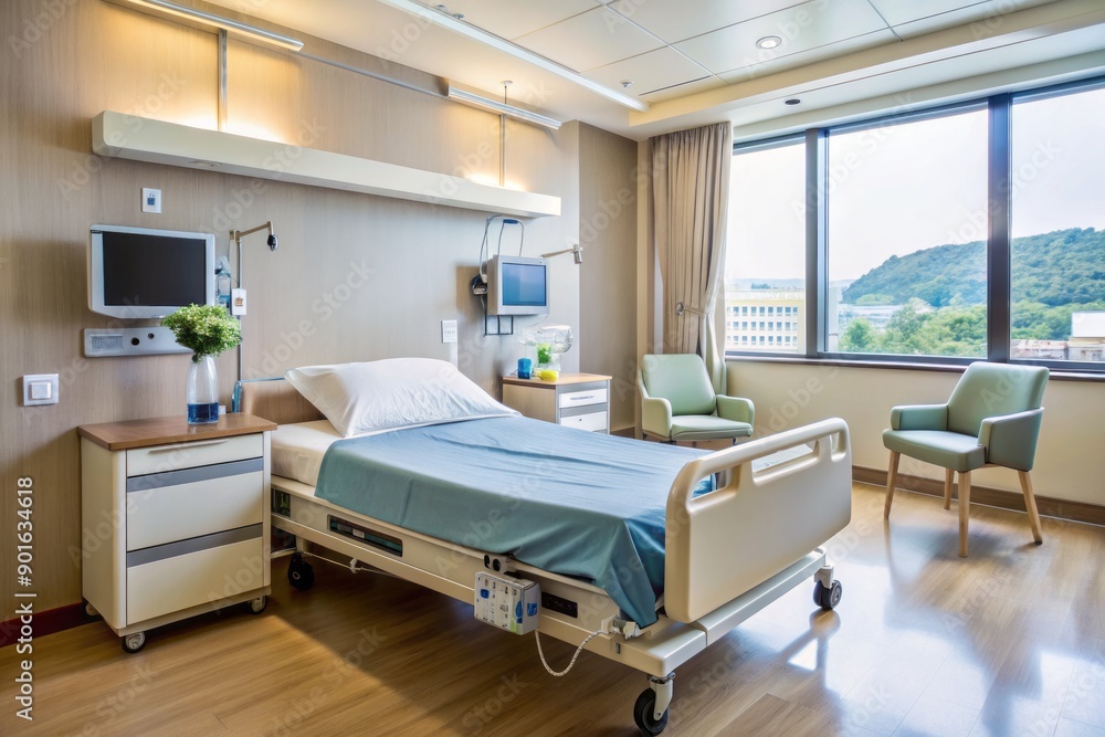 A serene hospital room with a neatly made bed, vital sign monitors, and medical equipment, capturing a post-operative ambiance of rest and recovery. A serene hospital room with a neatly made bed, vital sign monitors, and medical equipment, capturing a post-operative ambiance of rest and recovery.