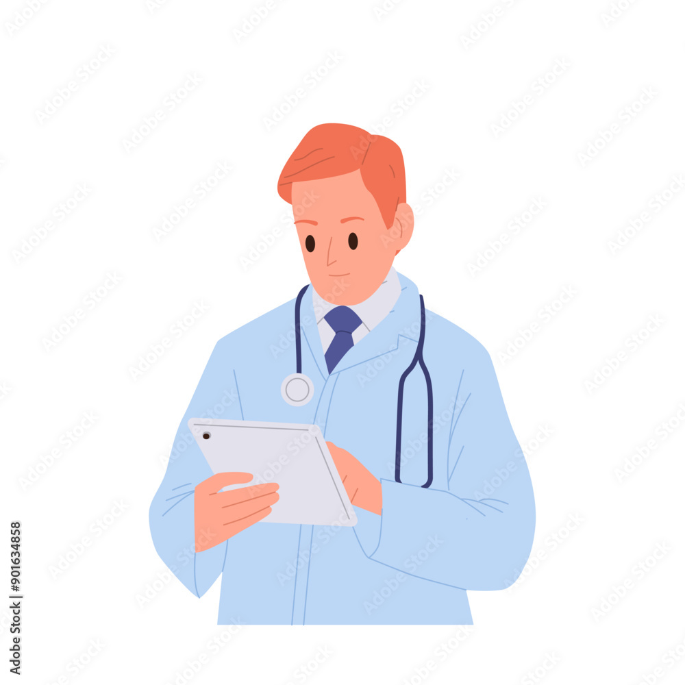 Doctor character using mobile tablet checking patient profile medical card vector illustration Doctor character using mobile tablet checking patient profile medical card vector illustration