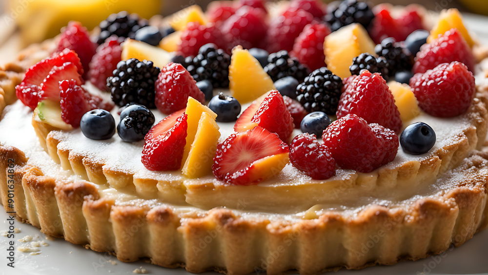 An exquisite fruit tart with a buttery crust, topped with fresh seasonal fruits like strawberries, blueberries, and raspberries An exquisite fruit tart with a buttery crust, topped with fresh seasonal fruits like strawberries, blueberries, and raspberries