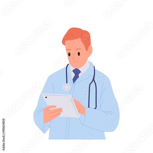 Doctor character using mobile tablet checking patient profile medical card vector illustration