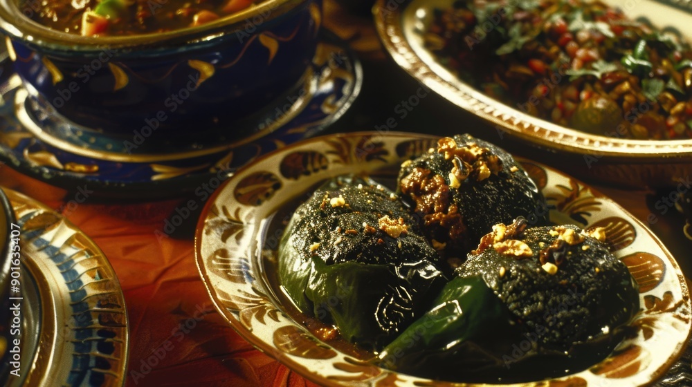 A plate of food with a few green peppers on it. The plate is on a table with other plates of food A plate of food with a few green peppers on it. The plate is on a table with other plates of food