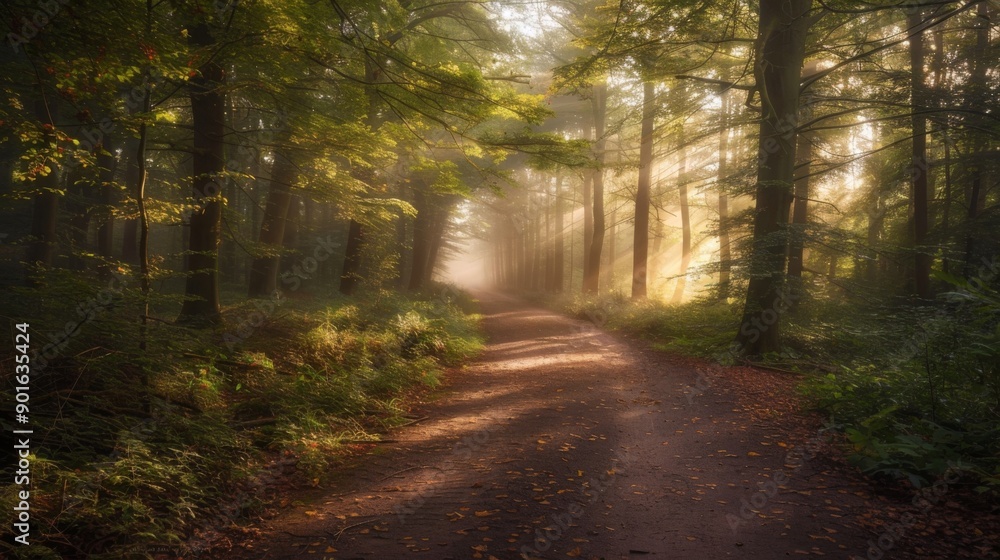 Obraz premium Sunlight filtering through the trees on a tranquil forest path. Peaceful nature walk. Bright sunlight illuminating a serene woodland trail.