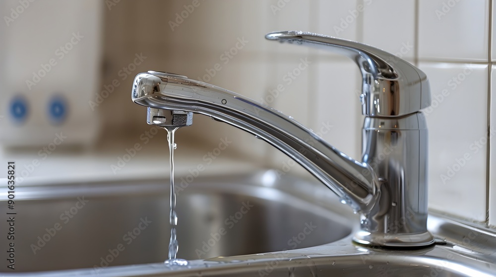 Close-up of a Chrome Faucet Dripping Water in a Bathroom or Kitchen Sink