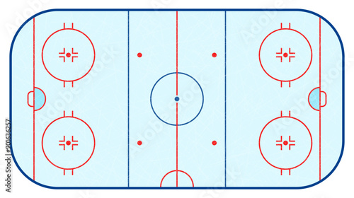 Top view of hockey ice rink with markings, flat vector illustration