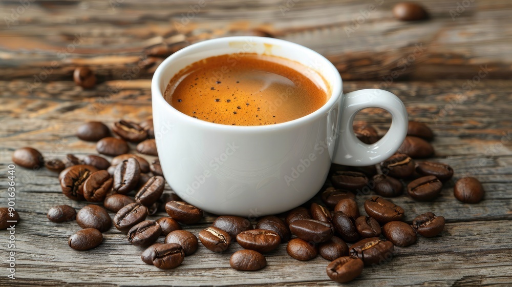 A white cup of coffee with a touch of caramel, surrounded by coffee beans on a worn wooden surface. A white cup of coffee with a touch of caramel, surrounded by coffee beans on a worn wooden surface.