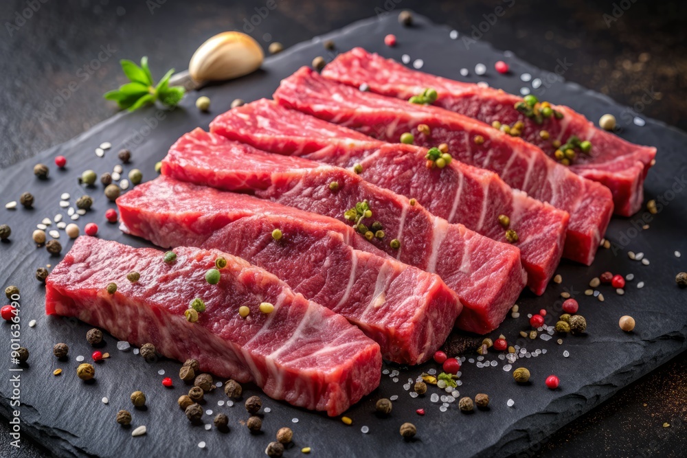 Juicy wagyu beef slices, delicately arranged on a black background, sprinkled with coarse black pepper, showcasing the rich flavors of traditional Japanese cuisine. Juicy wagyu beef slices, delicately arranged on a black background, sprinkled with coarse black pepper, showcasing the rich flavors of traditional Japanese cuisine.