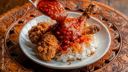 A close up top angle shot of thick sambal being poured from a spoon onto a piece of crispy, deep fried chicken and rice in a white round plate