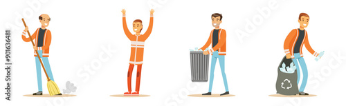 Man Janitor and Garbage Collector Cleaning Street Vector Set