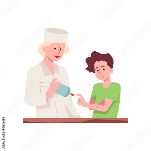 Vector illustration a doctor measures the glucose level of a boy patient with a device