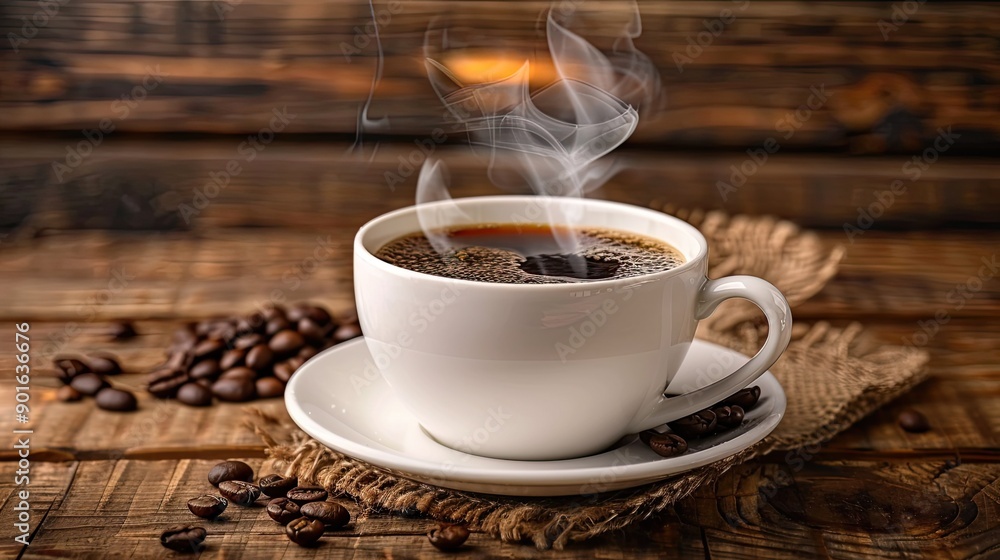 A white cup of coffee with steam rising, placed on a rustic wooden background with beans. A white cup of coffee with steam rising, placed on a rustic wooden background with beans.