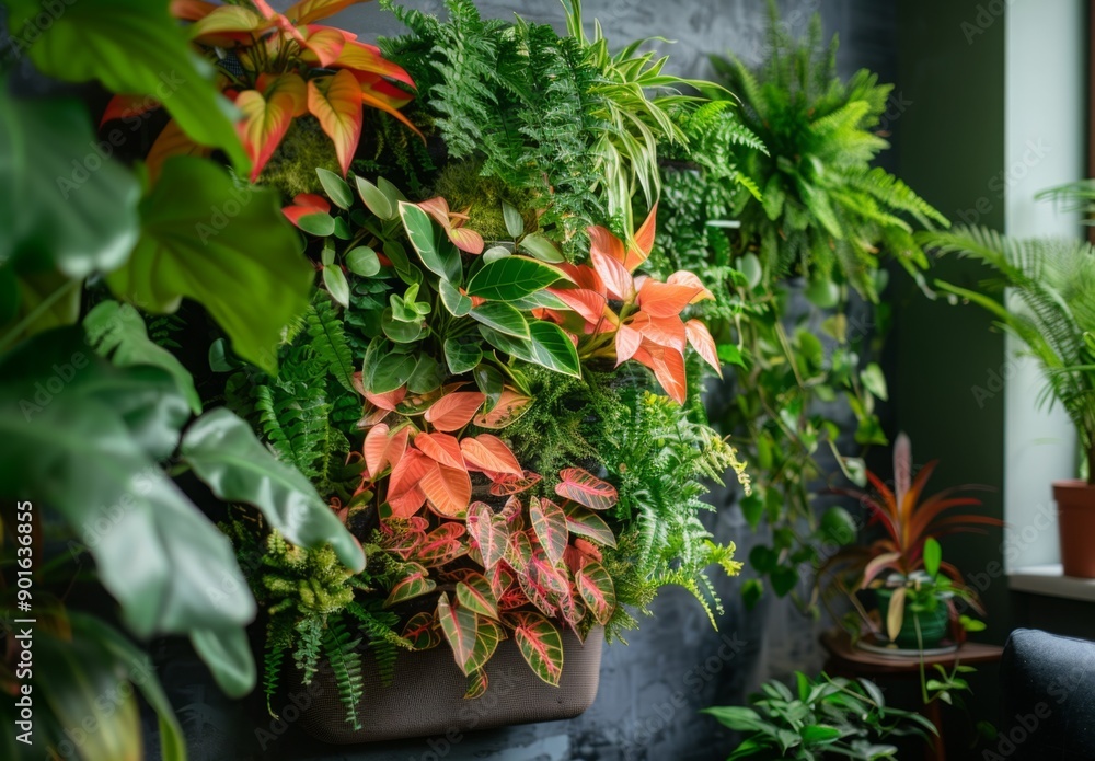 A beautiful indoor vertical garden in a living room, with a variety of plants adding natural beauty and freshness to the space A beautiful indoor vertical garden in a living room, with a variety of plants adding natural beauty and freshness to the space