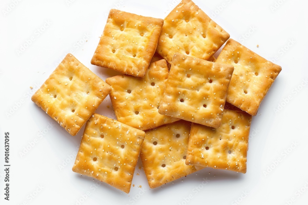A pile of crackers with holes in them. The crackers are yellow and have a salty taste A pile of crackers with holes in them. The crackers are yellow and have a salty taste