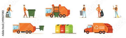 Janitor Worker and Street Dump Truck Pick Garbage and Litter Vector Set