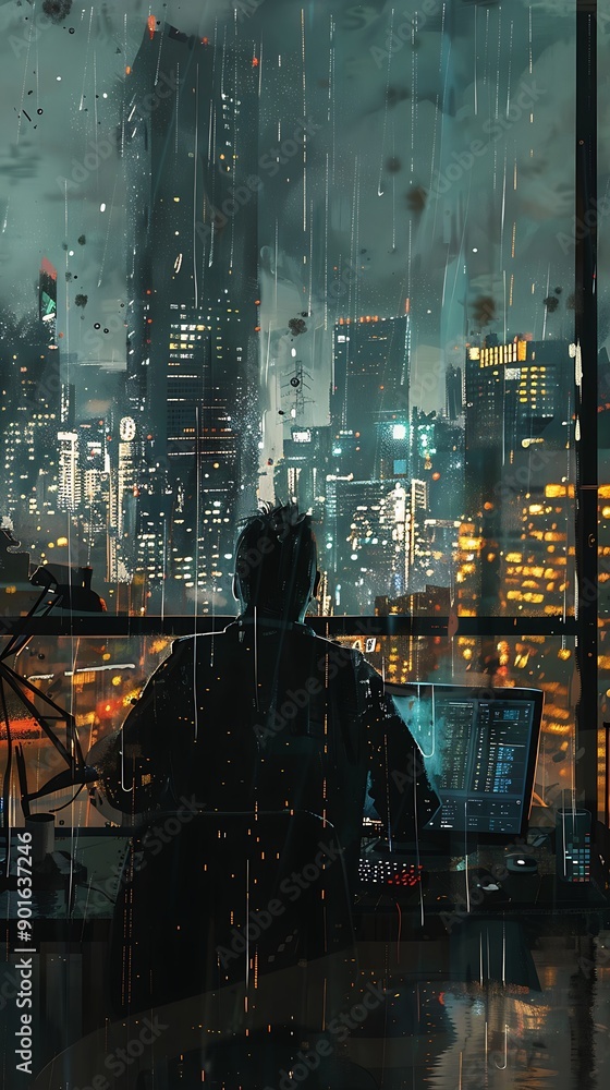 A silhouette of a person looking out of a window at a cityscape at night. A silhouette of a person looking out of a window at a cityscape at night.