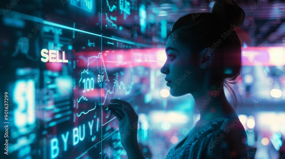 Woman at digital screen analyzing stock market data in a futuristic setting Woman at digital screen analyzing stock market data in a futuristic setting