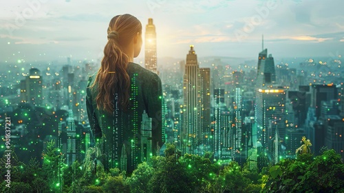 Woman looking at the high-rise Buildings Cityscape in Metropolis City Center . Green  Environment City and Downtown Business District in Panoramic view
