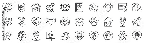 Set of 30 outline icons related to pet friendly. Linear icon collection. Editable stroke. Vector illustration