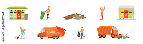 Janitor Worker and Street Dump Truck Pick Garbage and Litter Vector Set