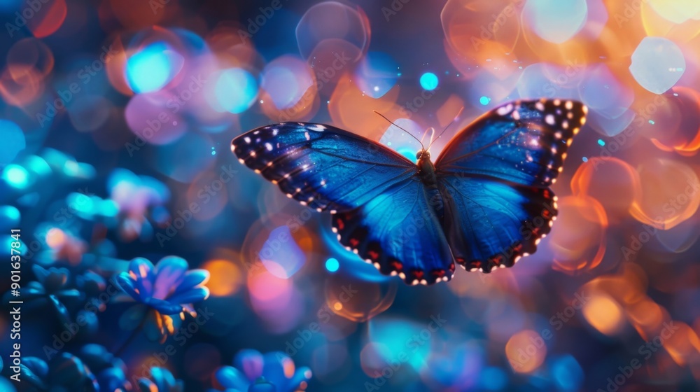 Beautiful blue butterfly in a colorful enchanted garden, with vibrant flowers and magical lights creating a fantasy scene Beautiful blue butterfly in a colorful enchanted garden, with vibrant flowers and magical lights creating a fantasy scene