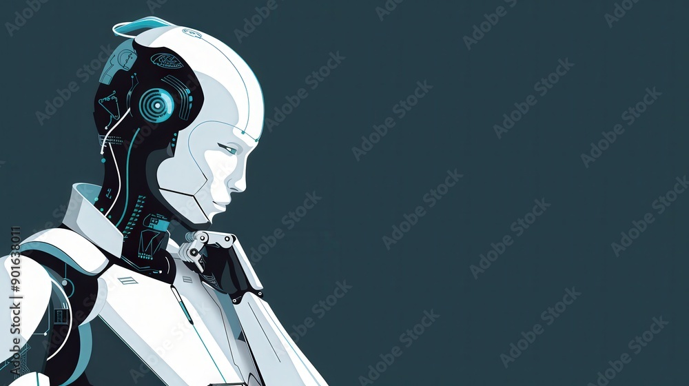 A futuristic robot deep in thought, showcasing advanced technology and sleek design against a minimalist background. A futuristic robot deep in thought, showcasing advanced technology and sleek design against a minimalist background.