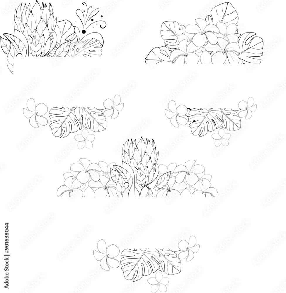 Vector set - tropical borders bouquet of proteas, monstera leaves, and plumerias flowers. Summer botanical, exotic graphic. Template, arrangements. Black circuit silhouette Vector set - tropical borders bouquet of proteas, monstera leaves, and plumerias flowers. Summer botanical, exotic graphic. Template, arrangements. Black circuit silhouette