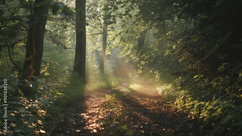 Fototapeta premium Sunlight filters through a lush forest, illuminating a peaceful woodland path.