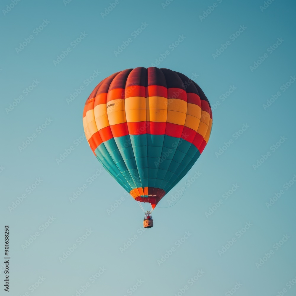 Fototapeta premium Colorful hot air balloon floating in a clear blue sky, with vibrant stripes of orange, red, yellow, and green. The image showcases the beauty and tranquility of aerial travel and adventure.