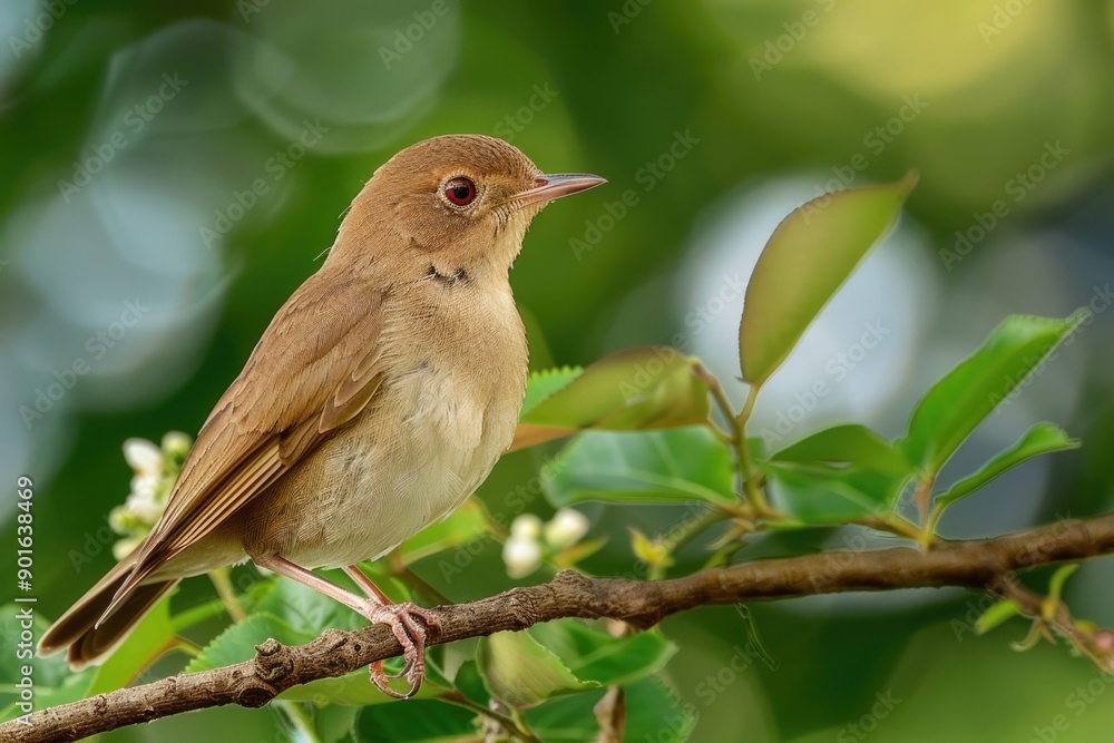 Obraz premium A small brown bird is perched on a branch of a tree. The bird is looking up at something in the distance. Concept of peacefulness and tranquility, as the bird is enjoying its time in nature