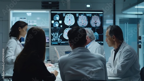 Medical Science Hospital Lab Meeting: Diverse Team of Neurologists, Neuroscientists, Neurosurgeon Consult TV Screen Showing MRI Scan with Brain Images, Talk About Treatment Method, New Drugs Cure Gene