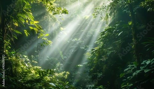 Dense jungle with sunlight filtering through the canopy, highlighting vibrant green foliage and creating a serene, lush atmosphere. The image captures the natural beauty of the rainforest with beams
