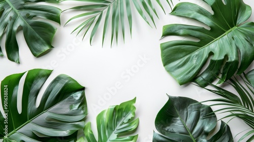 Tropical leaves arranged on white background