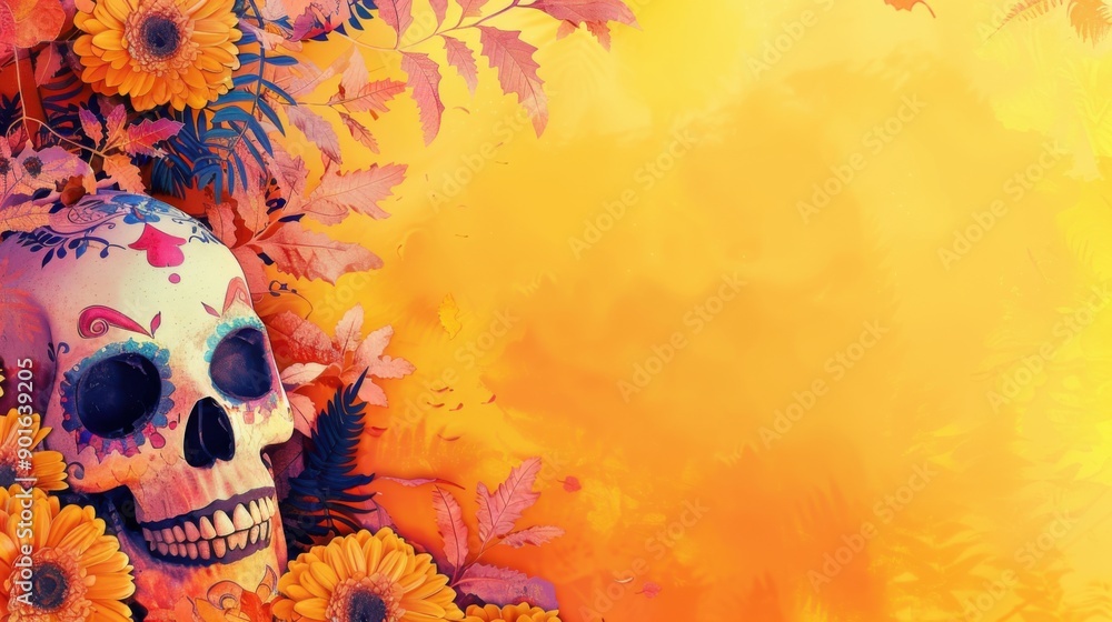 Day of the Dead in Mexico. Illustration with skull and flowers on a yellow background. Traditional Mexican holiday. Horizontal banner. Free space for text. El dia de los muertos, Dia de los Difuntos Day of the Dead in Mexico. Illustration with skull and flowers on a yellow background. Traditional Mexican holiday. Horizontal banner. Free space for text. El dia de los muertos, Dia de los Difuntos
