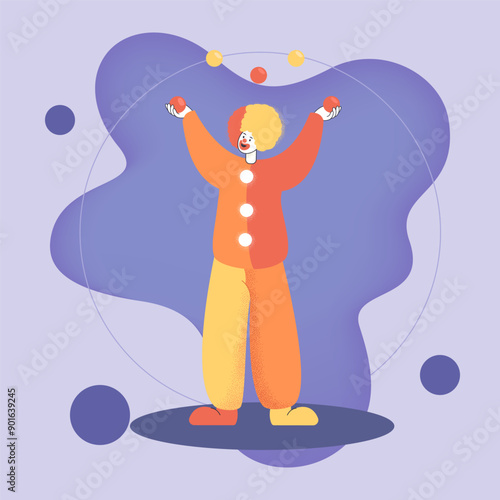 Cartoon juggler performing at circus show. Circus performer character on arena flat vector illustration. Comedy, circus, entertainment concept for banner or poster
