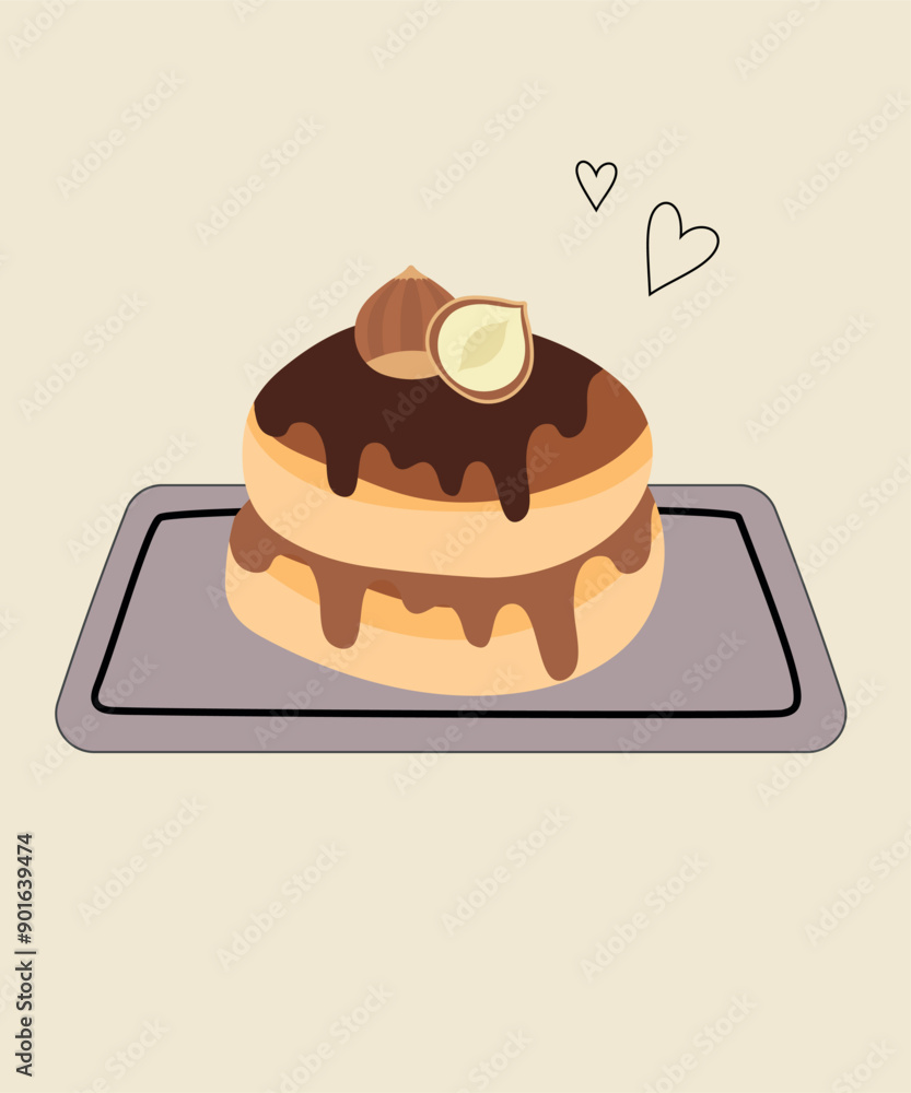 Cute Illustration with Pancakes and Hazelnut, Chocolate Cute Illustration with Pancakes and Hazelnut, Chocolate