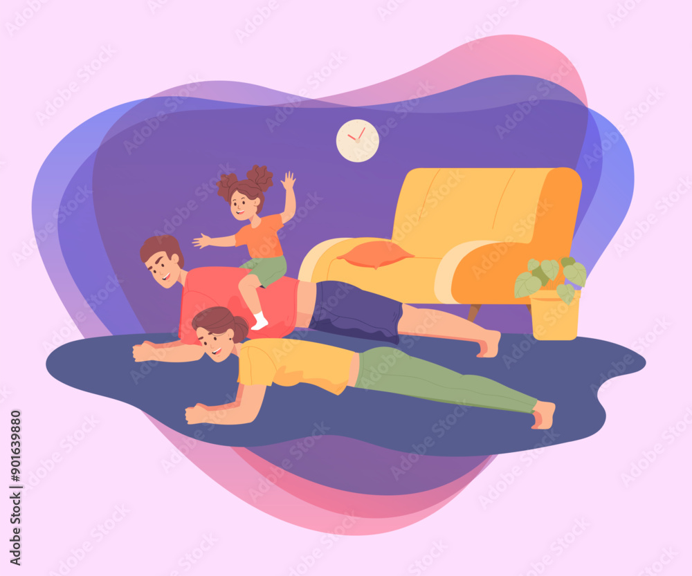 Obraz premium Daughter sitting on fathers back, man holding plank at home. Parents and child doing exercises or workout together flat vector illustration. Family, sports concept for banner or landing page