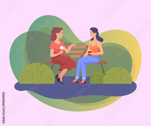 Female friends sitting on bench and chatting in park. Two women talking while eating ice cream and drinking tea or coffee flat vector illustration. Communication, summer, friendship concept for banner